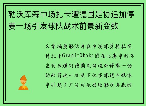 勒沃库森中场扎卡遭德国足协追加停赛一场引发球队战术前景新变数 勒沃库森中场扎卡遭德国足协追加停赛一场引发球队战术前景新变数